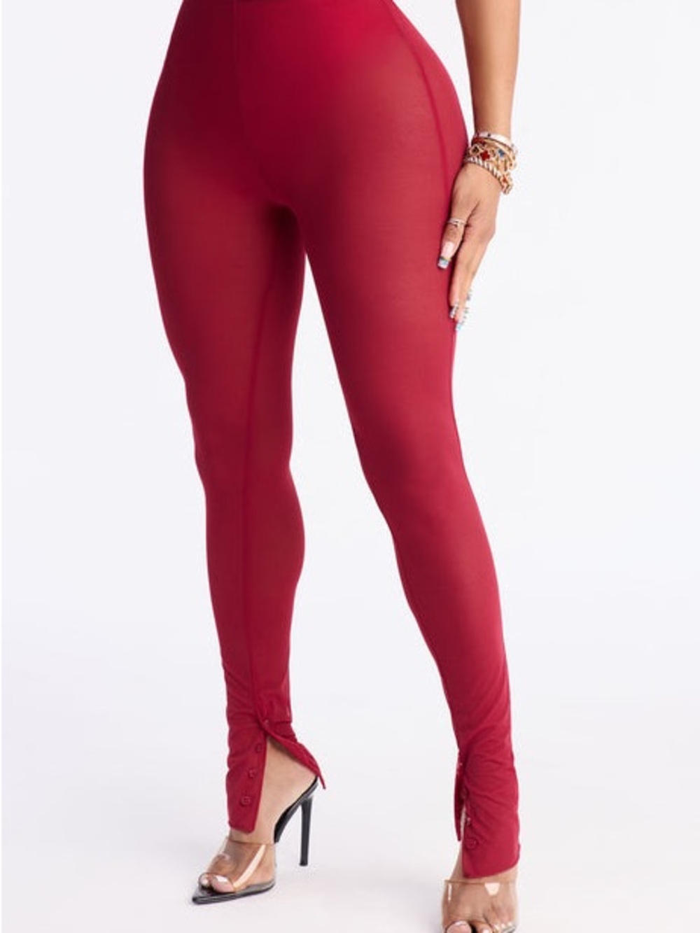 Women's High-Waist Red Leggings with Button Ankle